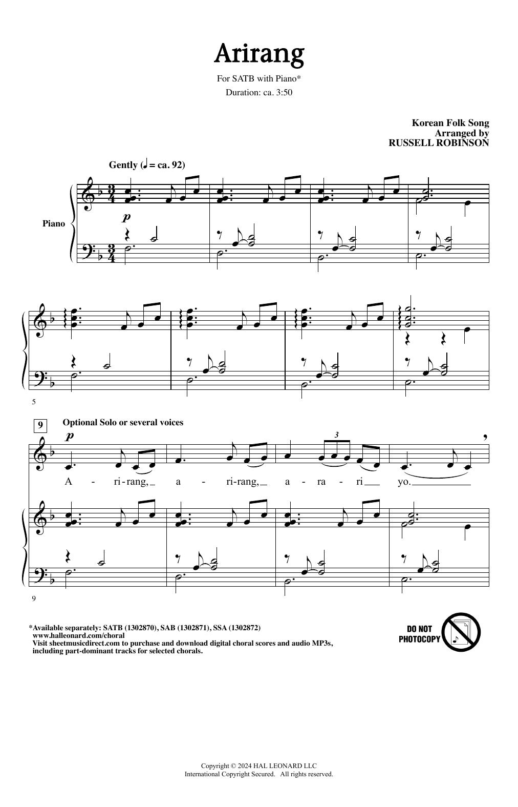 Korean folk song Arirang (arr. Russell Robinson) Sheet Music Notes & Chords for SSA Choir - Download or Print PDF