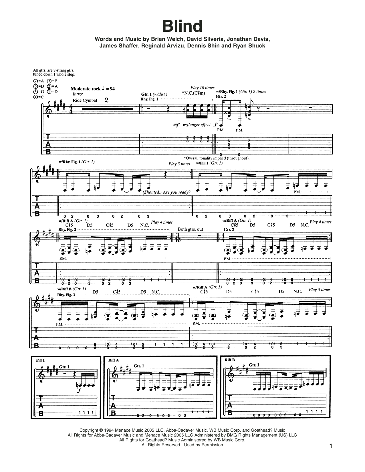 Korn Blind Sheet Music Notes & Chords for Guitar Tab - Download or Print PDF