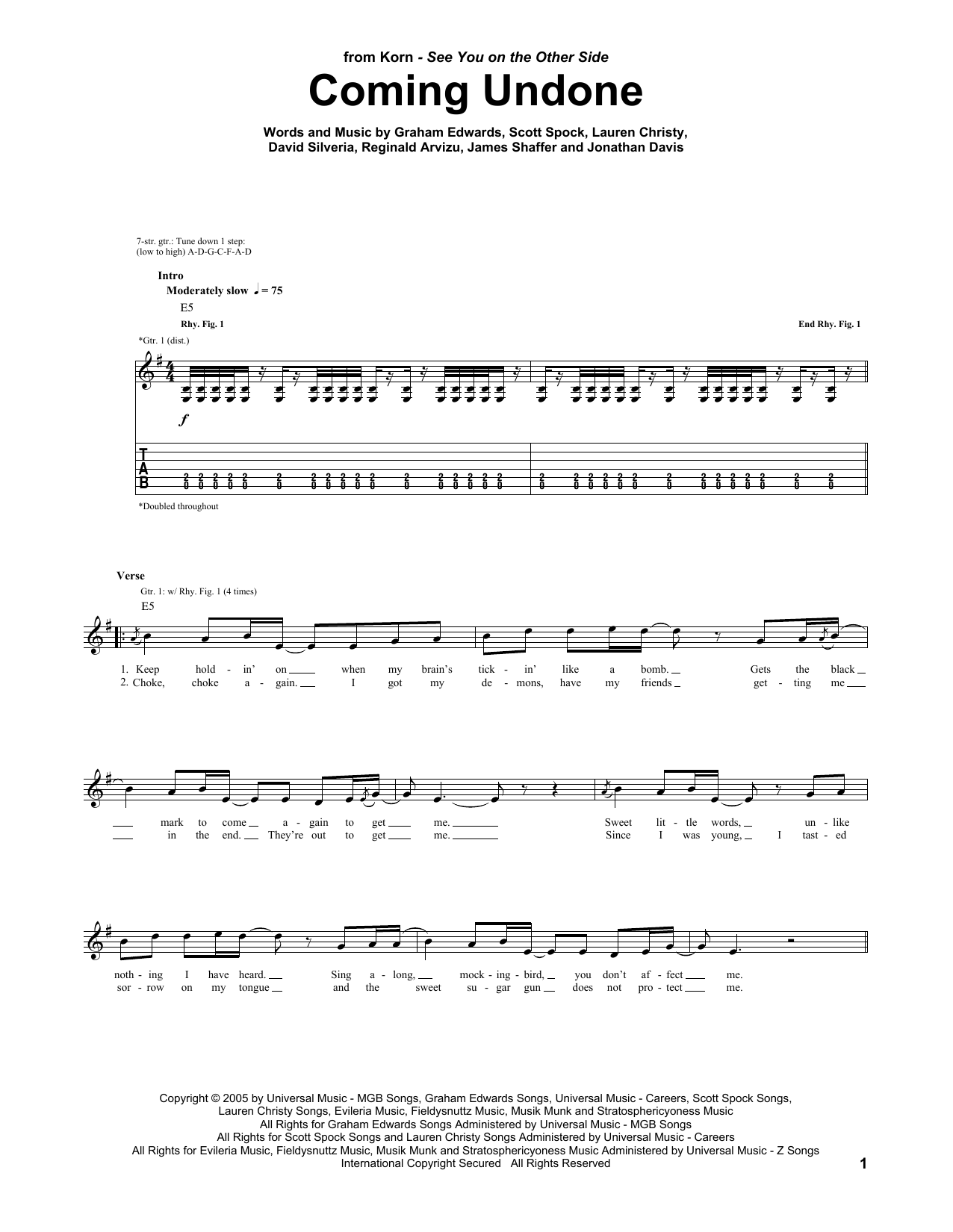 Korn Coming Undone Sheet Music Notes & Chords for Guitar Tab - Download or Print PDF