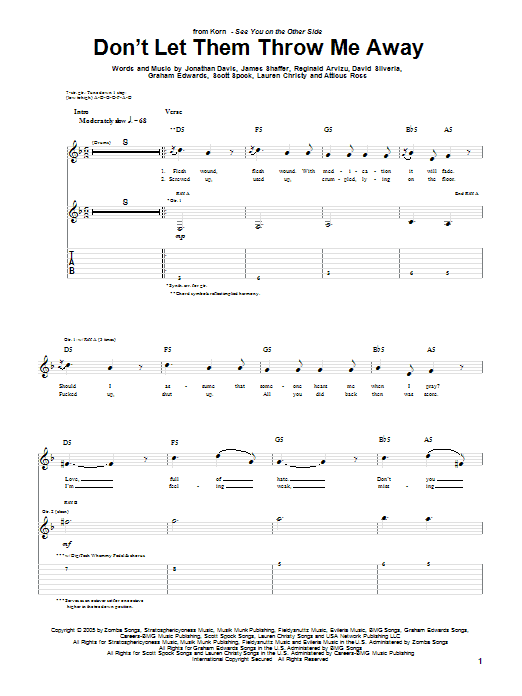 Korn Don't Let Them Throw Me Away Sheet Music Notes & Chords for Guitar Tab - Download or Print PDF
