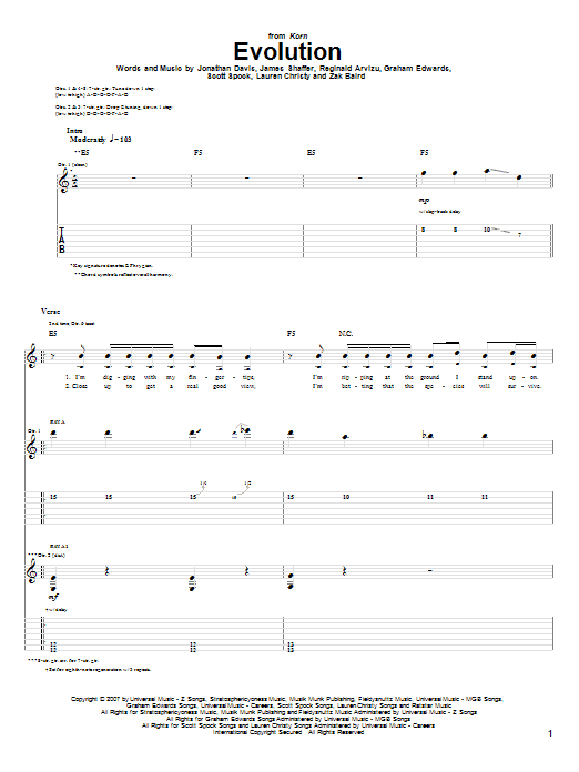 Korn Evolution Sheet Music Notes & Chords for Guitar Tab - Download or Print PDF