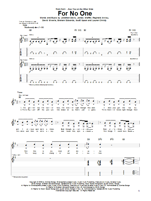 Korn For No One Sheet Music Notes & Chords for Guitar Tab - Download or Print PDF