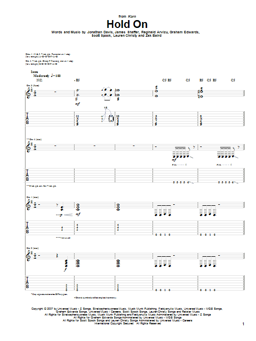 Korn Hold On Sheet Music Notes & Chords for Guitar Tab - Download or Print PDF