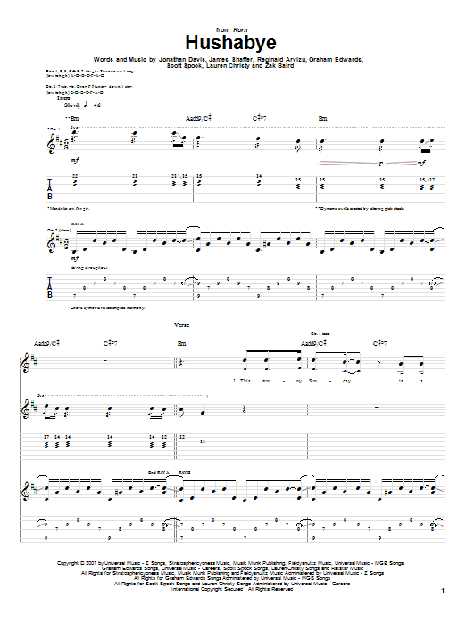 Korn Hushabye Sheet Music Notes & Chords for Guitar Tab - Download or Print PDF