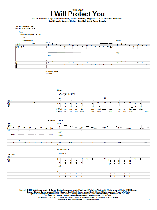 Korn I Will Protect You Sheet Music Notes & Chords for Guitar Tab - Download or Print PDF