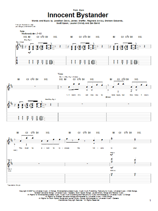 Korn Innocent Bystander Sheet Music Notes & Chords for Guitar Tab - Download or Print PDF