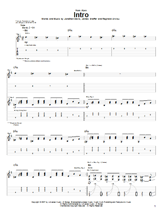 Korn Intro Sheet Music Notes & Chords for Guitar Tab - Download or Print PDF