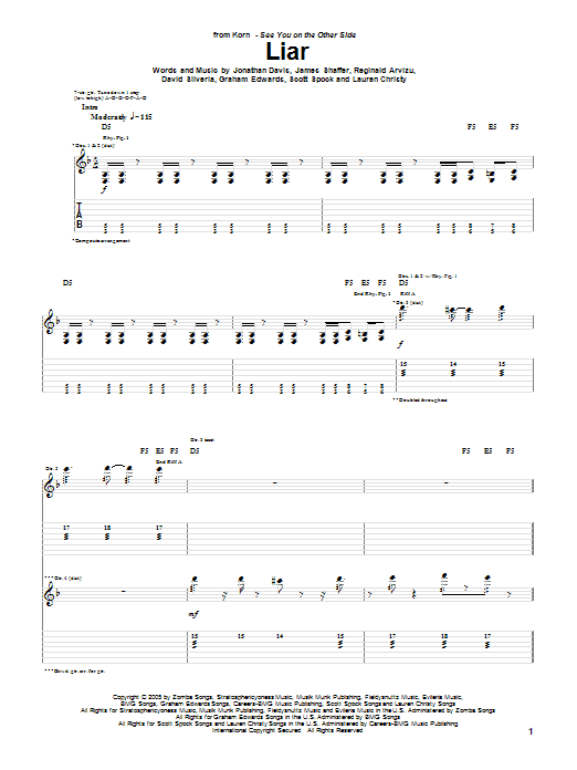 Korn Liar Sheet Music Notes & Chords for Guitar Tab - Download or Print PDF