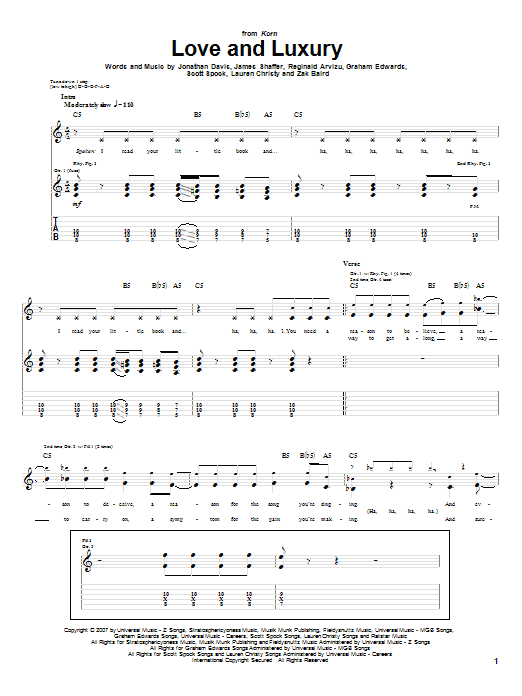 Korn Love And Luxury Sheet Music Notes & Chords for Guitar Tab - Download or Print PDF