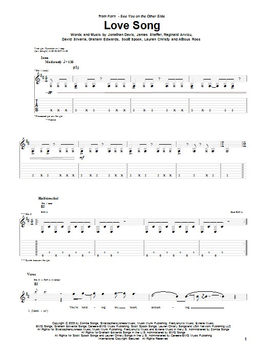 Korn Love Song Sheet Music Notes & Chords for Guitar Tab - Download or Print PDF