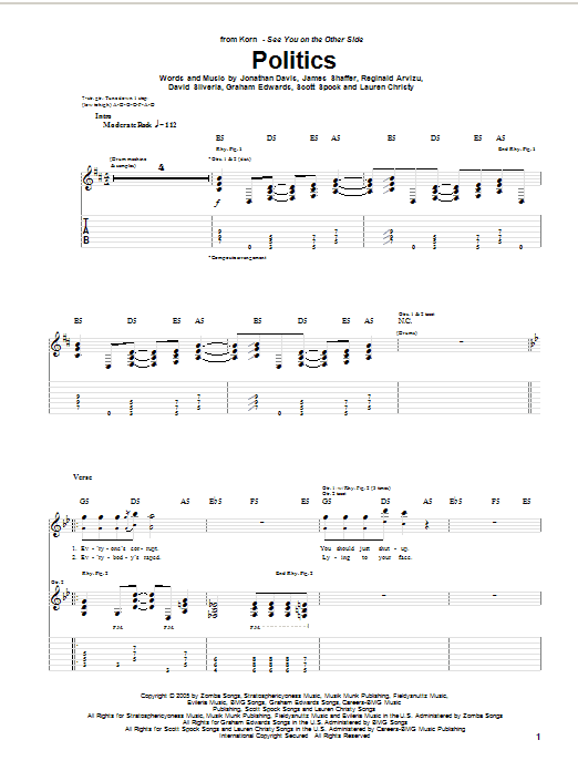 Korn Politics Sheet Music Notes & Chords for Guitar Tab - Download or Print PDF