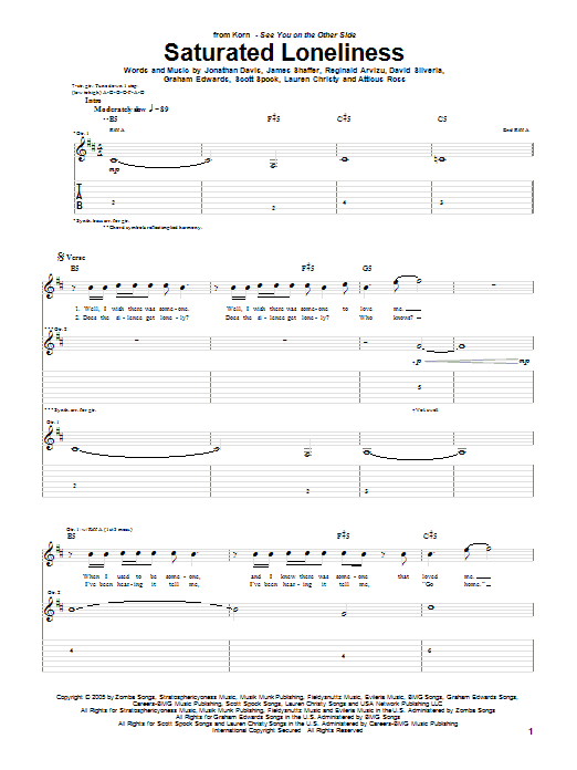 Korn Saturated Loneliness Sheet Music Notes & Chords for Guitar Tab - Download or Print PDF