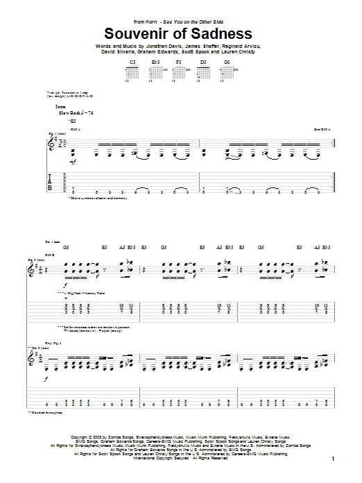 Korn Souvenir Of Sadness Sheet Music Notes & Chords for Guitar Tab - Download or Print PDF