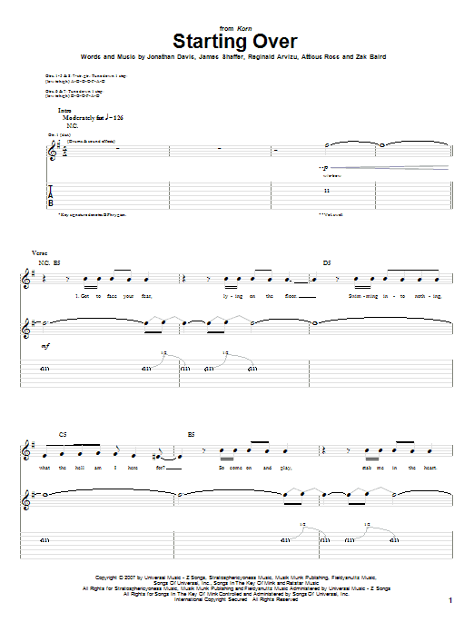 Korn Starting Over Sheet Music Notes & Chords for Guitar Tab - Download or Print PDF