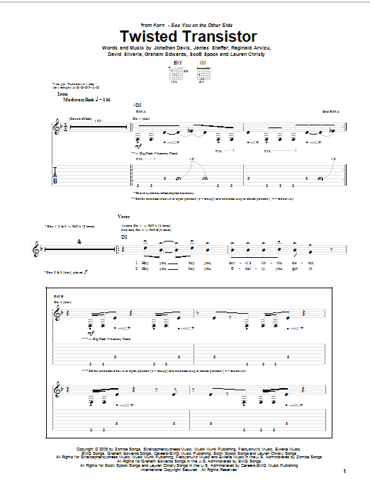 Korn Twisted Transistor Sheet Music Notes & Chords for Guitar Tab - Download or Print PDF