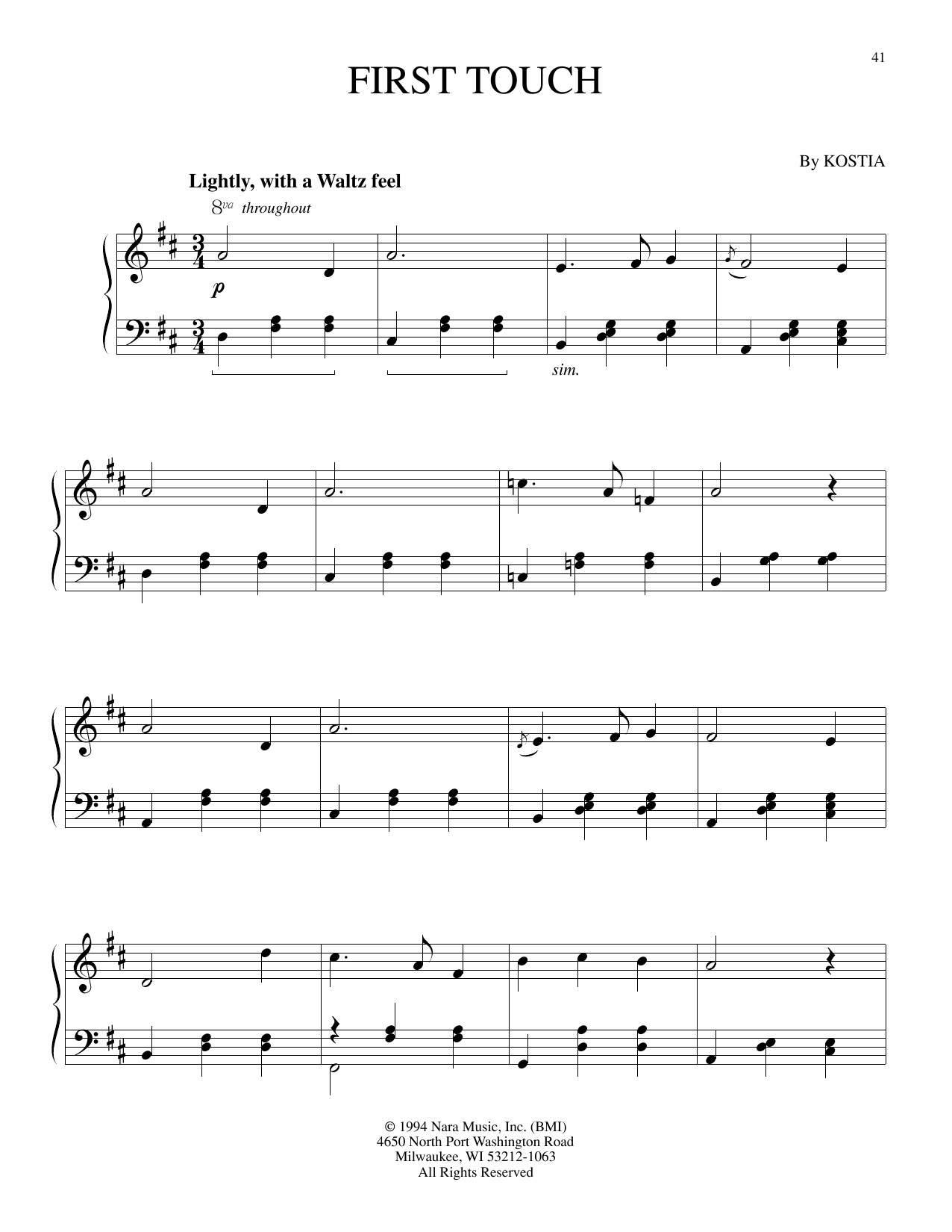 Kostia First Touch Sheet Music Notes & Chords for Piano Solo - Download or Print PDF