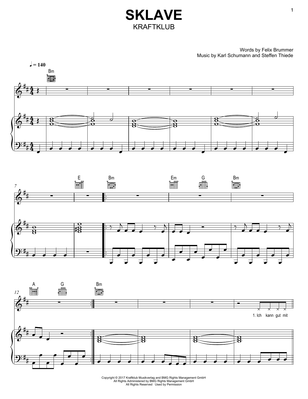 Kraftklub Sklave Sheet Music Notes & Chords for Piano, Vocal & Guitar Chords (Right-Hand Melody) - Download or Print PDF