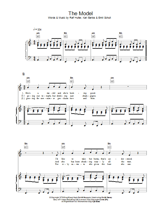 Kraftwerk The Model Sheet Music Notes & Chords for Piano, Vocal & Guitar (Right-Hand Melody) - Download or Print PDF