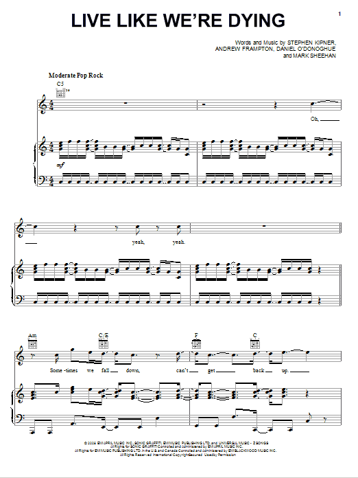 Kris Allen Live Like We're Dying Sheet Music Notes & Chords for Piano, Vocal & Guitar (Right-Hand Melody) - Download or Print PDF