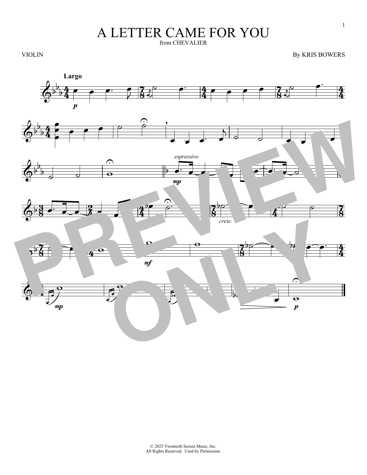 Kris Bowers A Letter Came For You (from Chevalier) Sheet Music Notes & Chords for Violin Solo - Download or Print PDF