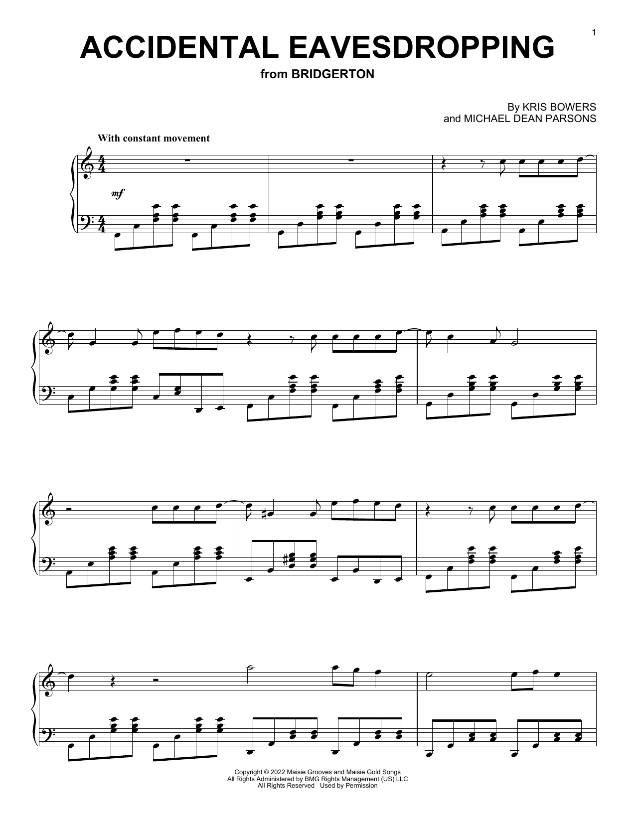Kris Bowers Accidental Eavesdropping (from the Netflix series Bridgerton) Sheet Music Notes & Chords for Piano Solo - Download or Print PDF