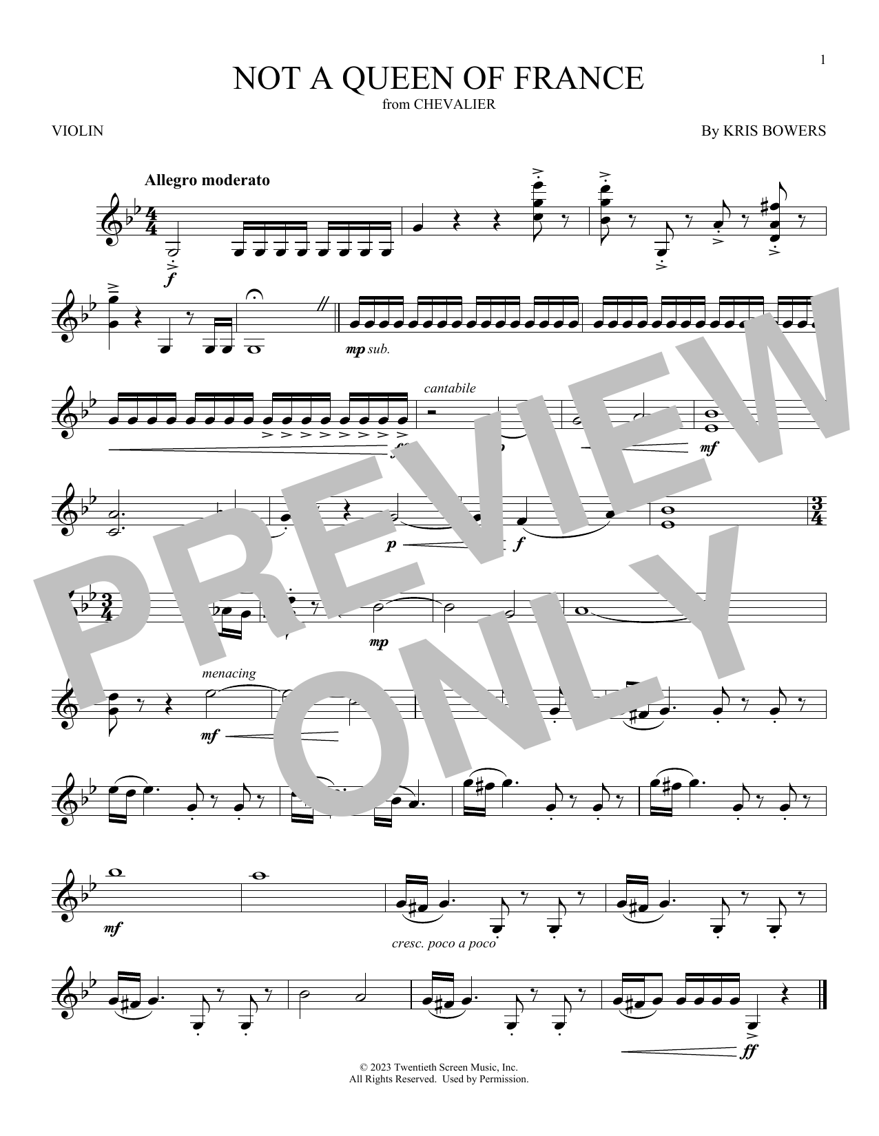 Kris Bowers Not A Queen Of France (from Chevalier) Sheet Music Notes & Chords for Violin Solo - Download or Print PDF