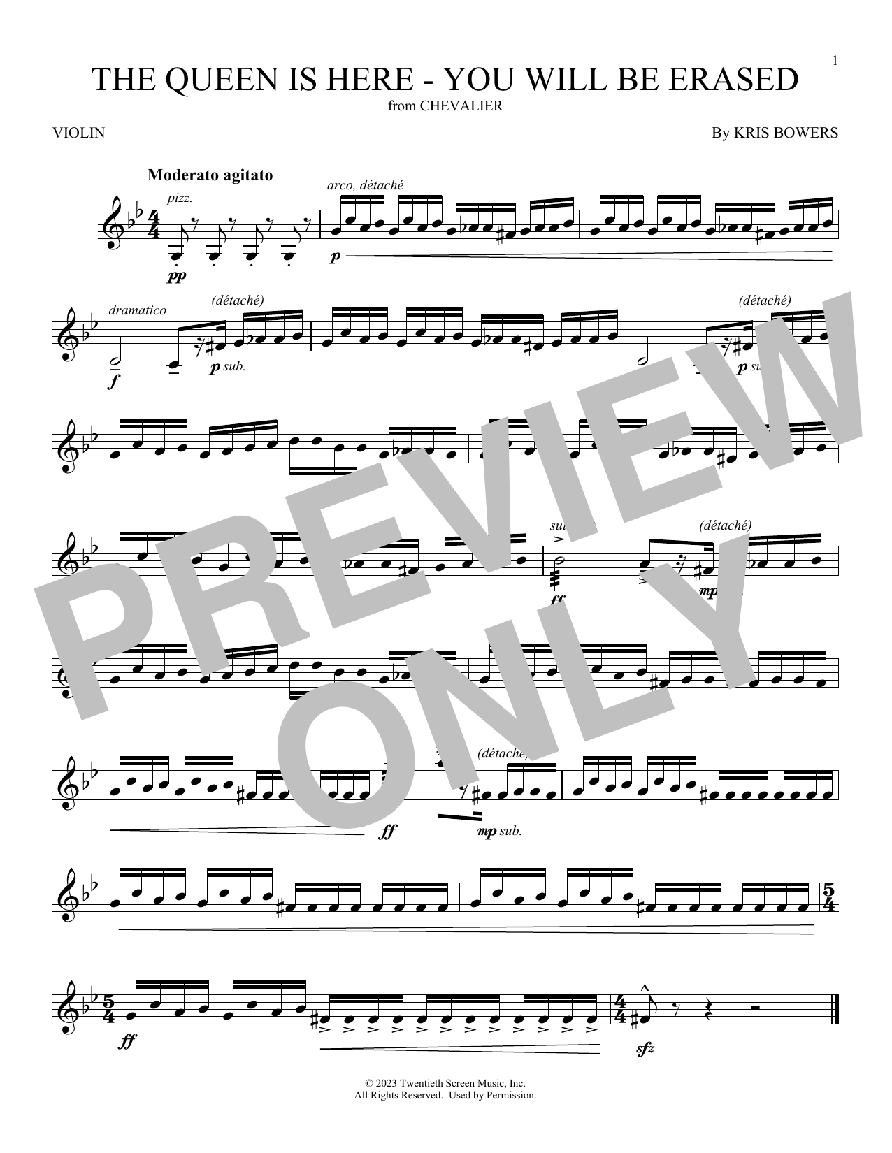 Kris Bowers The Queen Is Here - You Will Be Erased (from Chevalier) Sheet Music Notes & Chords for Violin Solo - Download or Print PDF