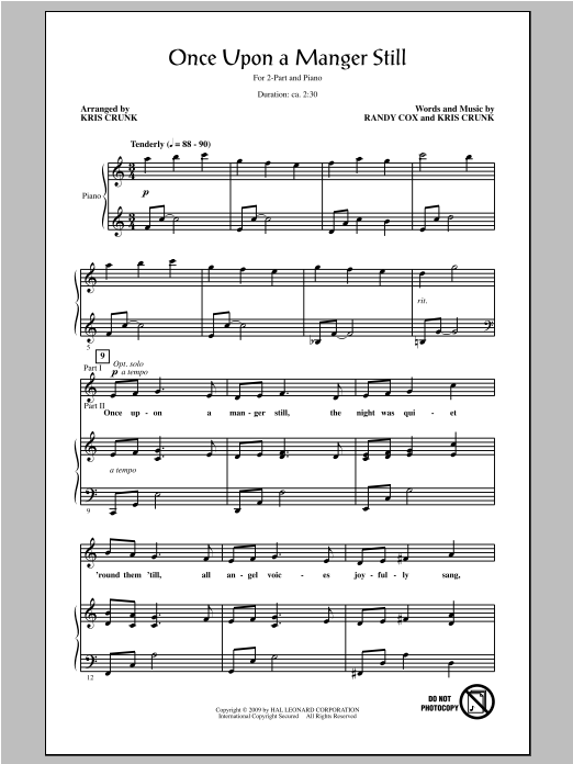 Randy Cox Once Upon A Manger Still (arr. Kris Crunk) Sheet Music Notes & Chords for 2-Part Choir - Download or Print PDF