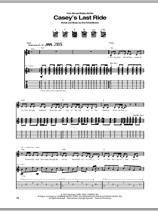 Kris Kristofferson Casey's Last Ride Sheet Music Notes & Chords for Guitar Tab - Download or Print PDF