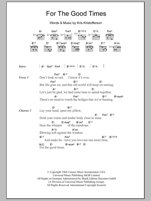 Kris Kristofferson For The Good Times Sheet Music Notes & Chords for Piano - Download or Print PDF