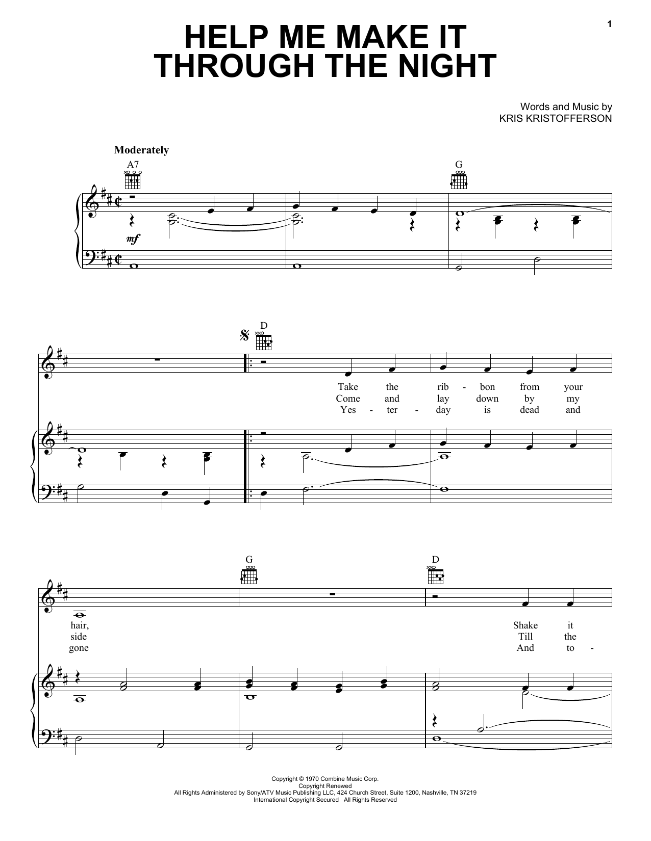 Kris Kristofferson Help Me Make It Through The Night Sheet Music Notes & Chords for Lyrics & Chords - Download or Print PDF