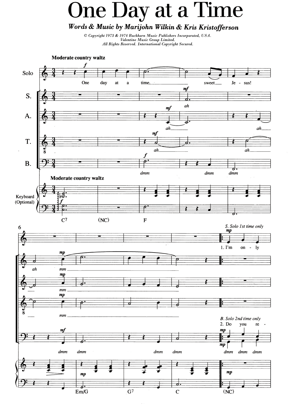 Kris Kristofferson One Day At A Time Sheet Music Notes & Chords for SATB - Download or Print PDF