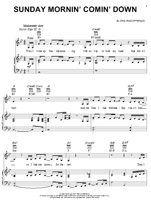 Kris Kristofferson Sunday Mornin' Comin' Down Sheet Music Notes & Chords for Piano, Vocal & Guitar (Right-Hand Melody) - Download or Print PDF