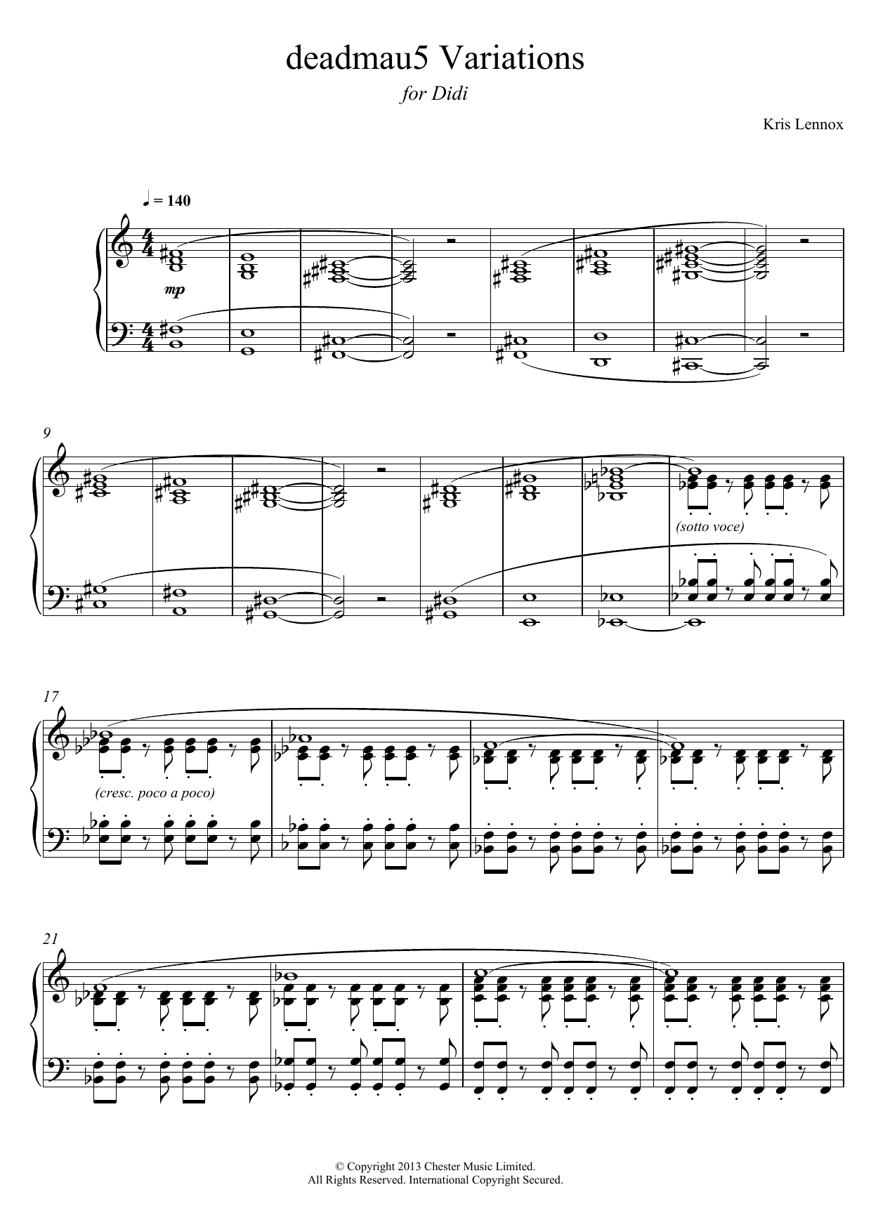 Kris Lennox Deadmau5 Variations Sheet Music Notes & Chords for Piano - Download or Print PDF