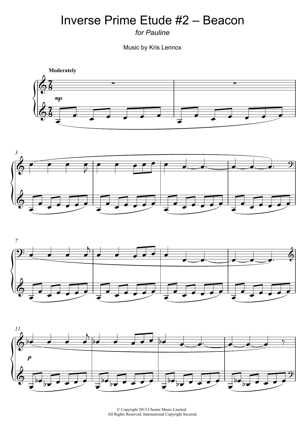 Kris Lennox Inverse Prime Etude #2 - Beacon Sheet Music Notes & Chords for Piano - Download or Print PDF