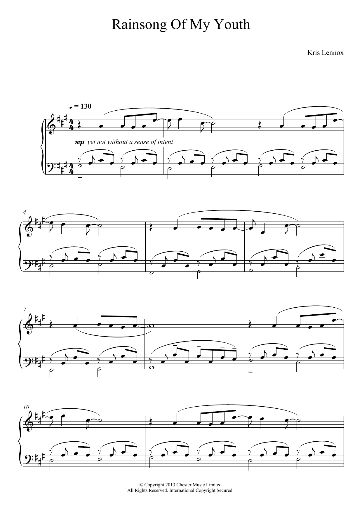 Kris Lennox Rainsong Of My Youth Sheet Music Notes & Chords for Piano - Download or Print PDF
