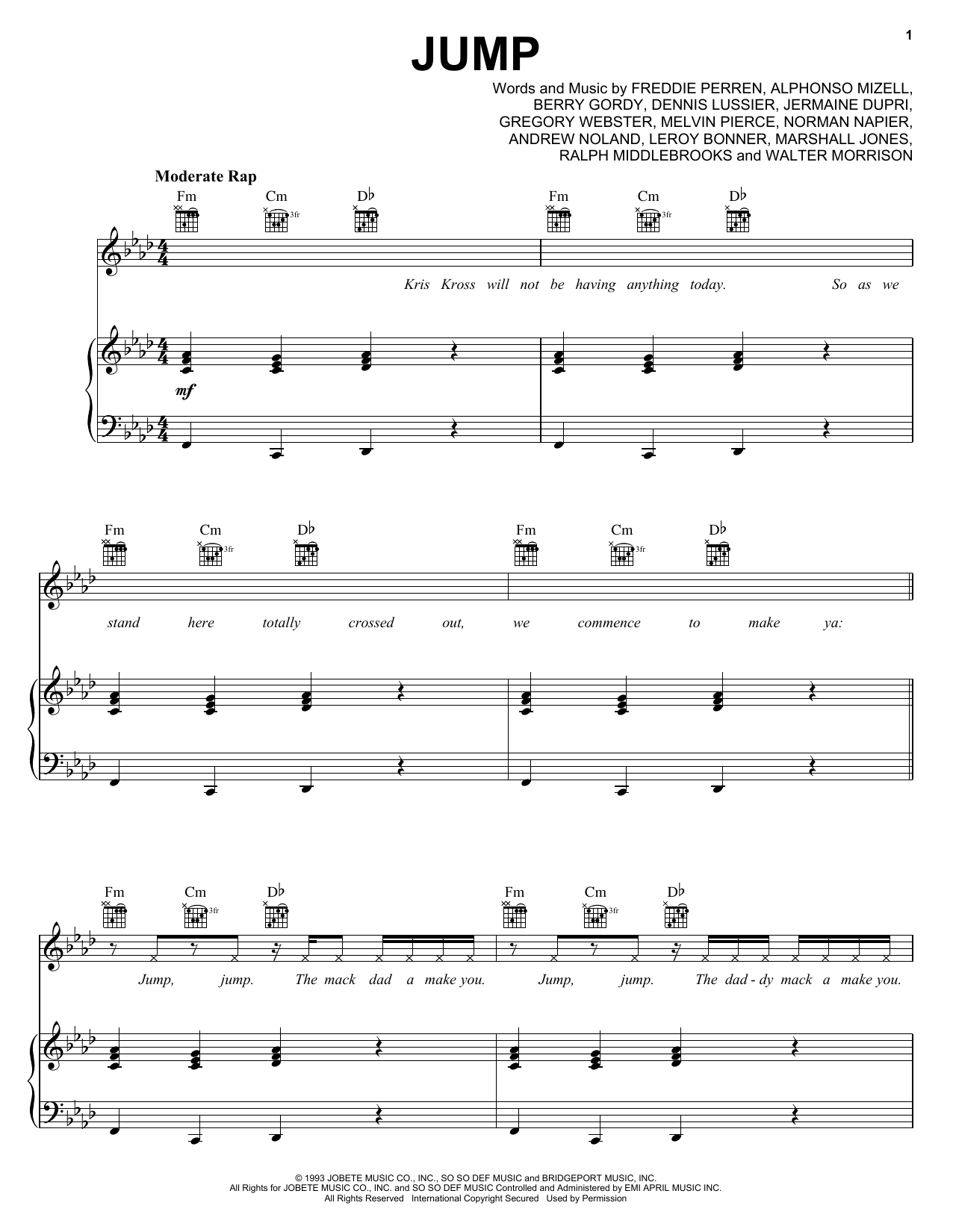 Kriss Kross Jump Sheet Music Notes & Chords for Piano, Vocal & Guitar (Right-Hand Melody) - Download or Print PDF