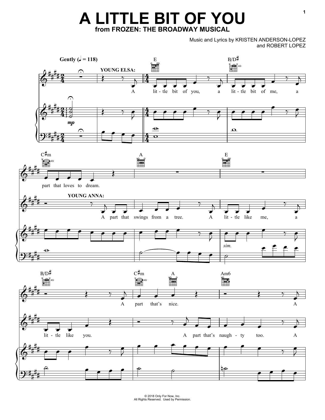 Kristen Anderson-Lopez & Robert Lopez A Little Bit Of You (from Frozen: The Broadway Musical) Sheet Music Notes & Chords for Piano, Vocal & Guitar (Right-Hand Melody) - Download or Print PDF