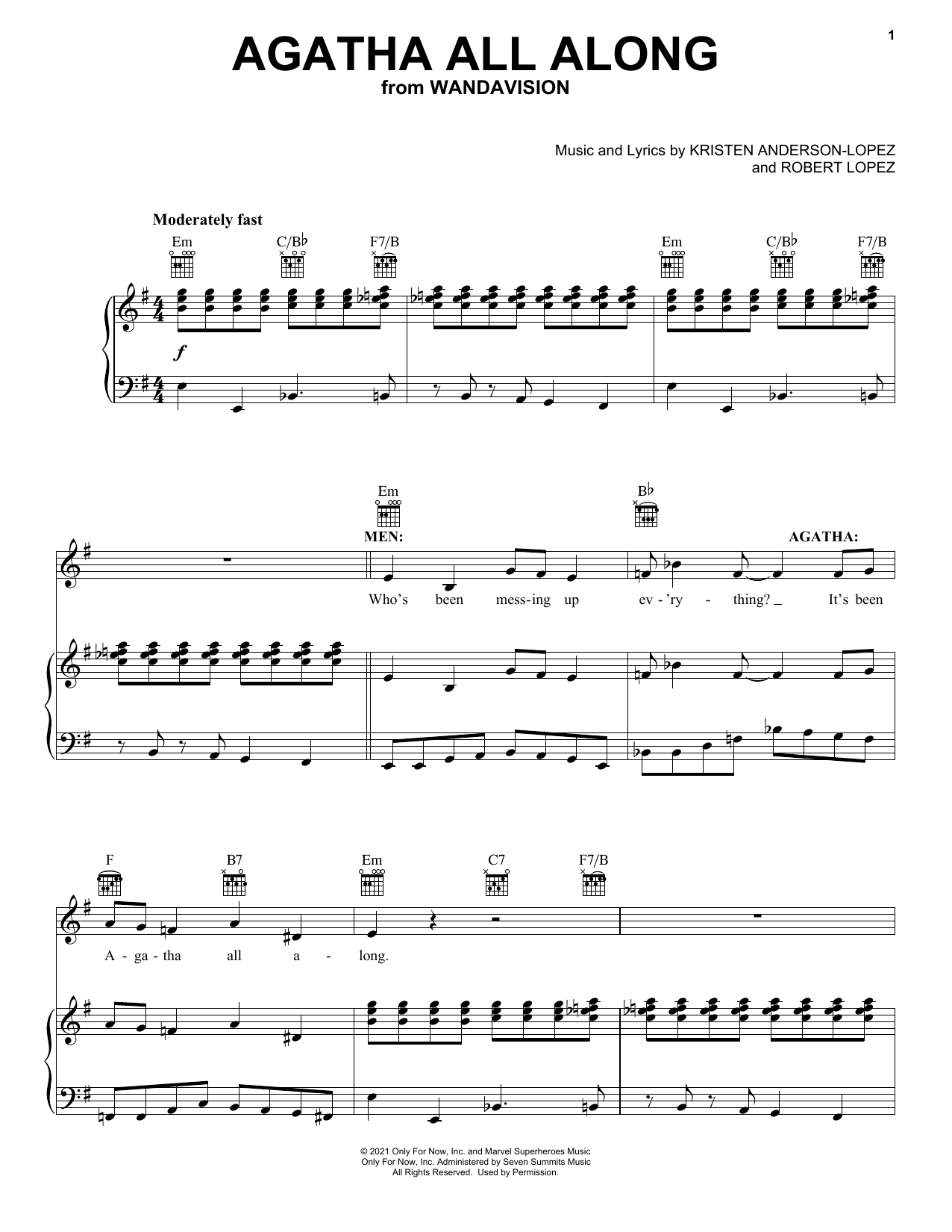 Kristen Anderson-Lopez & Robert Lopez Agatha All Along (from WandaVision) Sheet Music Notes & Chords for Piano, Vocal & Guitar (Right-Hand Melody) - Download or Print PDF