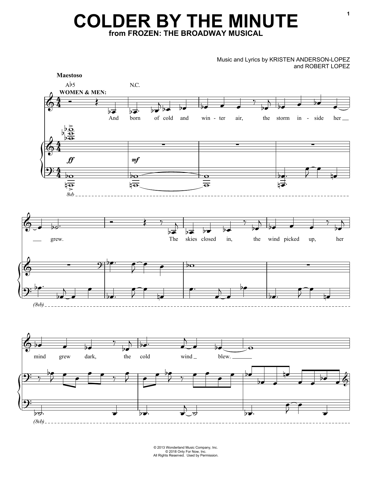 Kristen Anderson-Lopez & Robert Lopez Colder By The Minute (from Frozen: The Broadway Musical) Sheet Music Notes & Chords for Piano, Vocal & Guitar (Right-Hand Melody) - Download or Print PDF