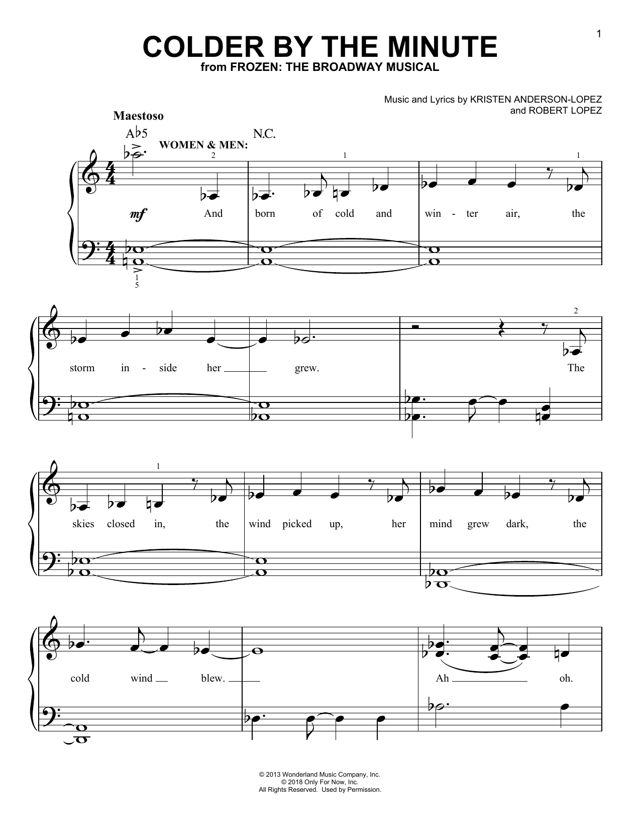 Kristen Anderson-Lopez & Robert Lopez Colder By The Minute (from Frozen: The Broadway Musical) Sheet Music Notes & Chords for Piano, Vocal & Guitar (Right-Hand Melody) - Download or Print PDF