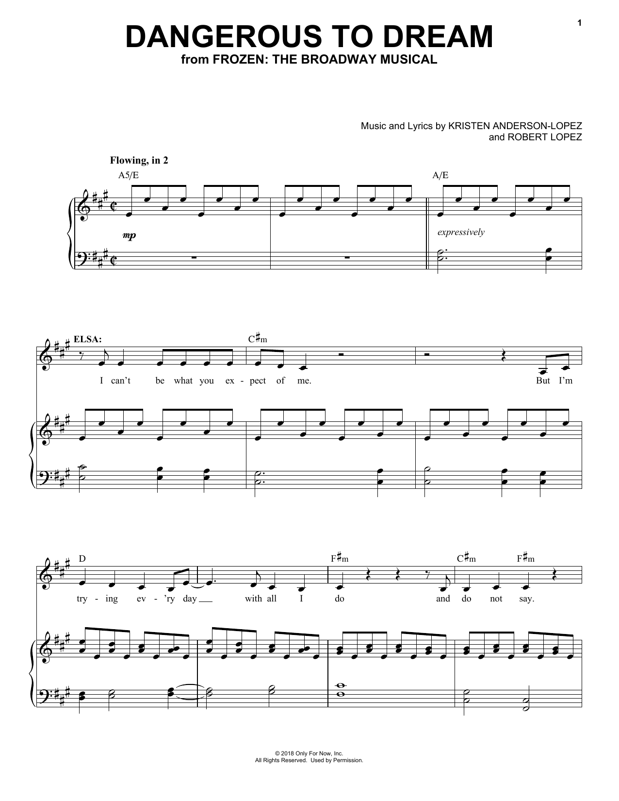 Kristen Anderson-Lopez & Robert Lopez Dangerous To Dream (from Frozen: the Broadway Musical) Sheet Music Notes & Chords for Piano, Vocal & Guitar (Right-Hand Melody) - Download or Print PDF