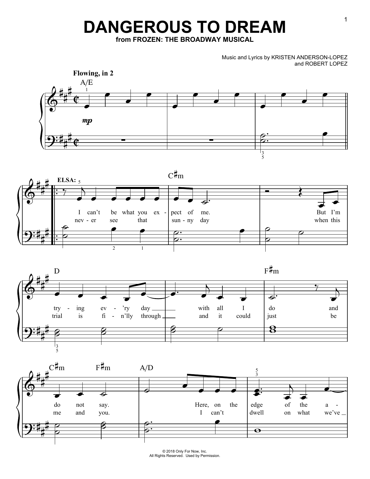 Kristen Anderson-Lopez & Robert Lopez Dangerous To Dream (from Frozen: The Broadway Musical) Sheet Music Notes & Chords for Easy Piano - Download or Print PDF