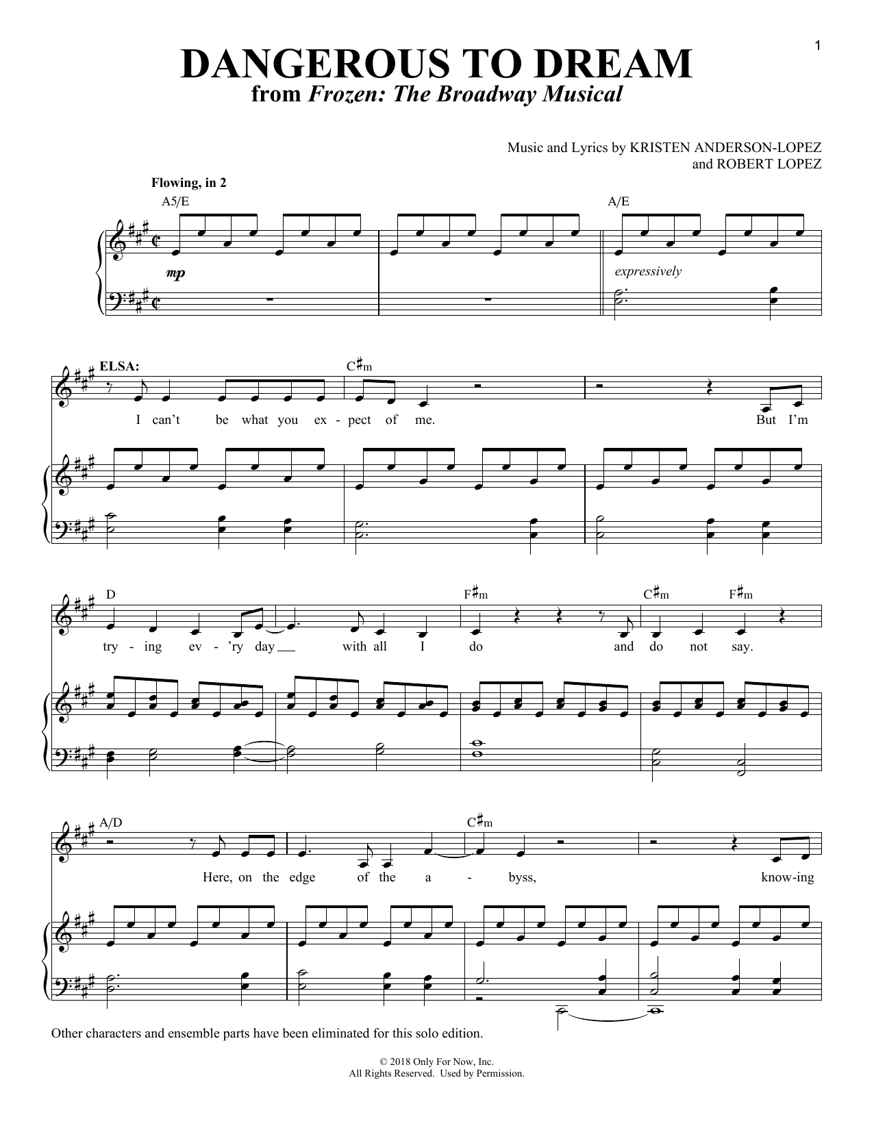 Kristen Anderson-Lopez & Robert Lopez Dangerous To Dream [Solo version] (from Frozen: The Broadway Musical) Sheet Music Notes & Chords for Piano & Vocal - Download or Print PDF