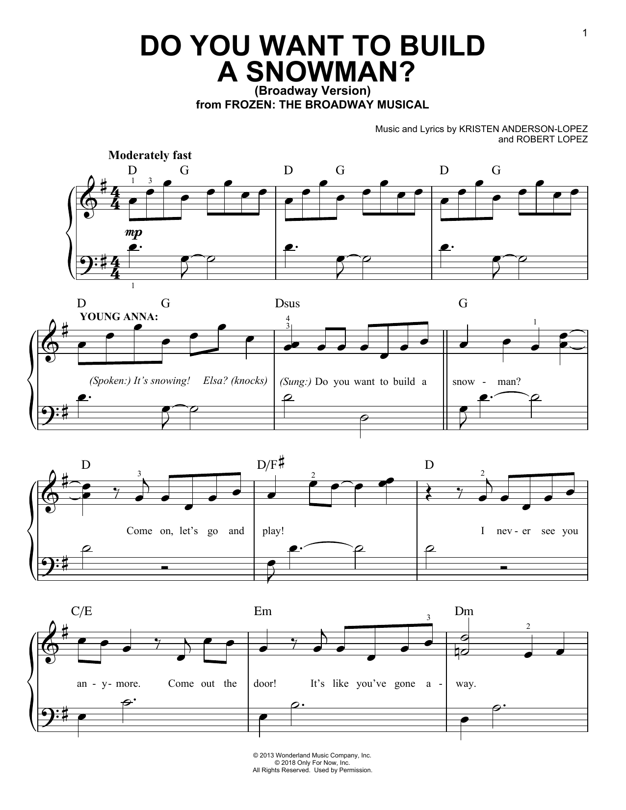 Kristen Anderson-Lopez & Robert Lopez Do You Want To Build A Snowman? (from Frozen: The Broadway Musical) Sheet Music Notes & Chords for Easy Piano - Download or Print PDF