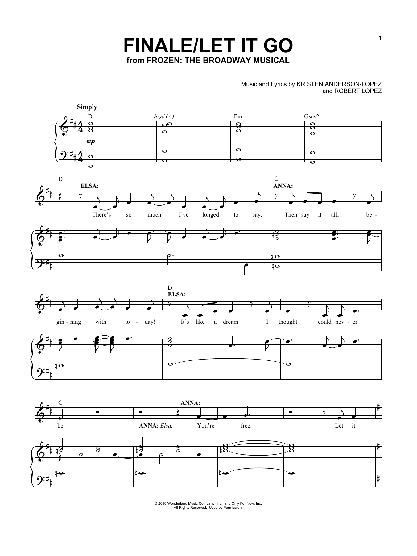 Kristen Anderson-Lopez & Robert Lopez Finale / Let It Go Sheet Music Notes & Chords for Piano & Vocal - Download or Print PDF