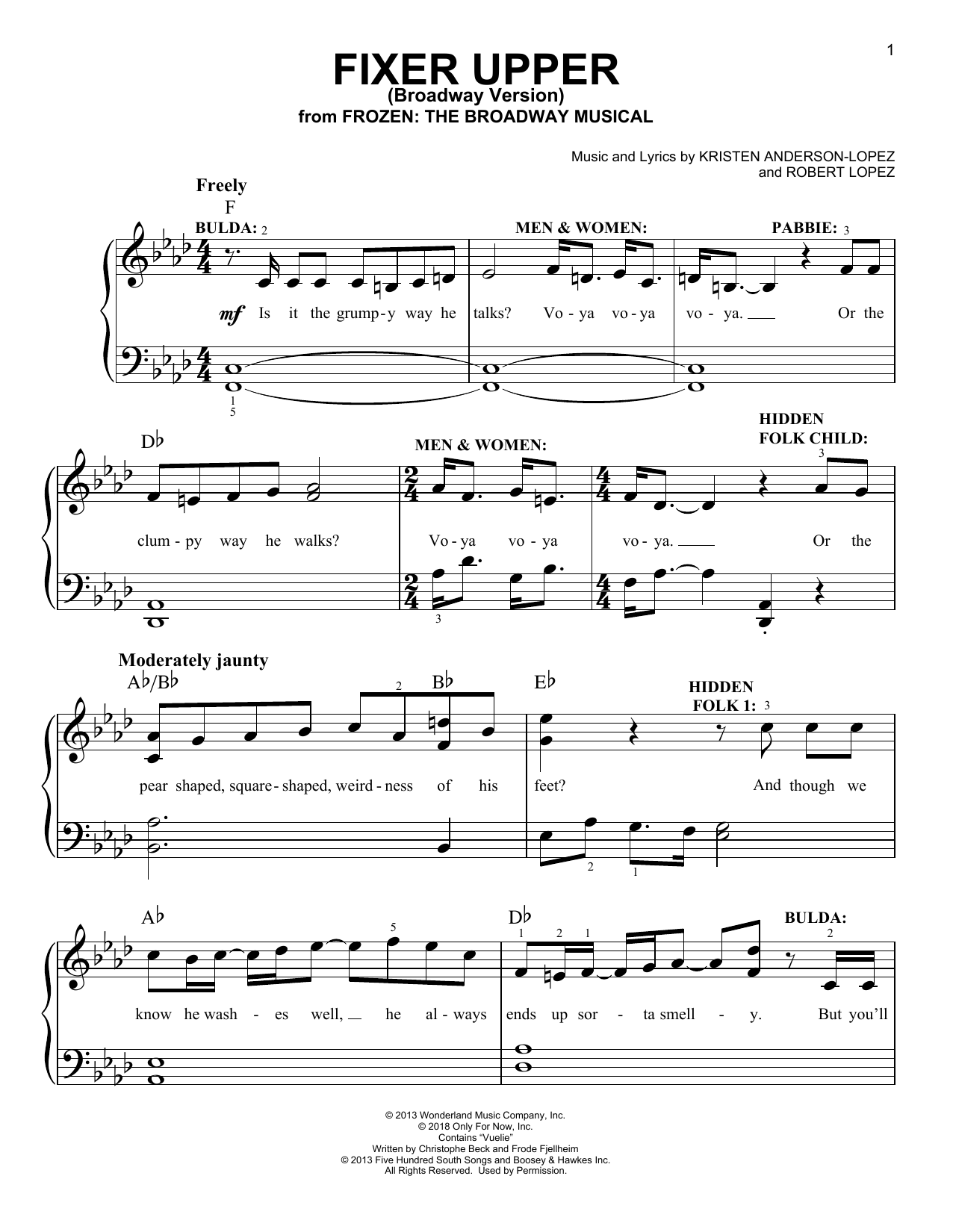 Kristen Anderson-Lopez & Robert Lopez Fixer Upper (from Frozen: The Broadway Musical) Sheet Music Notes & Chords for Piano, Vocal & Guitar (Right-Hand Melody) - Download or Print PDF