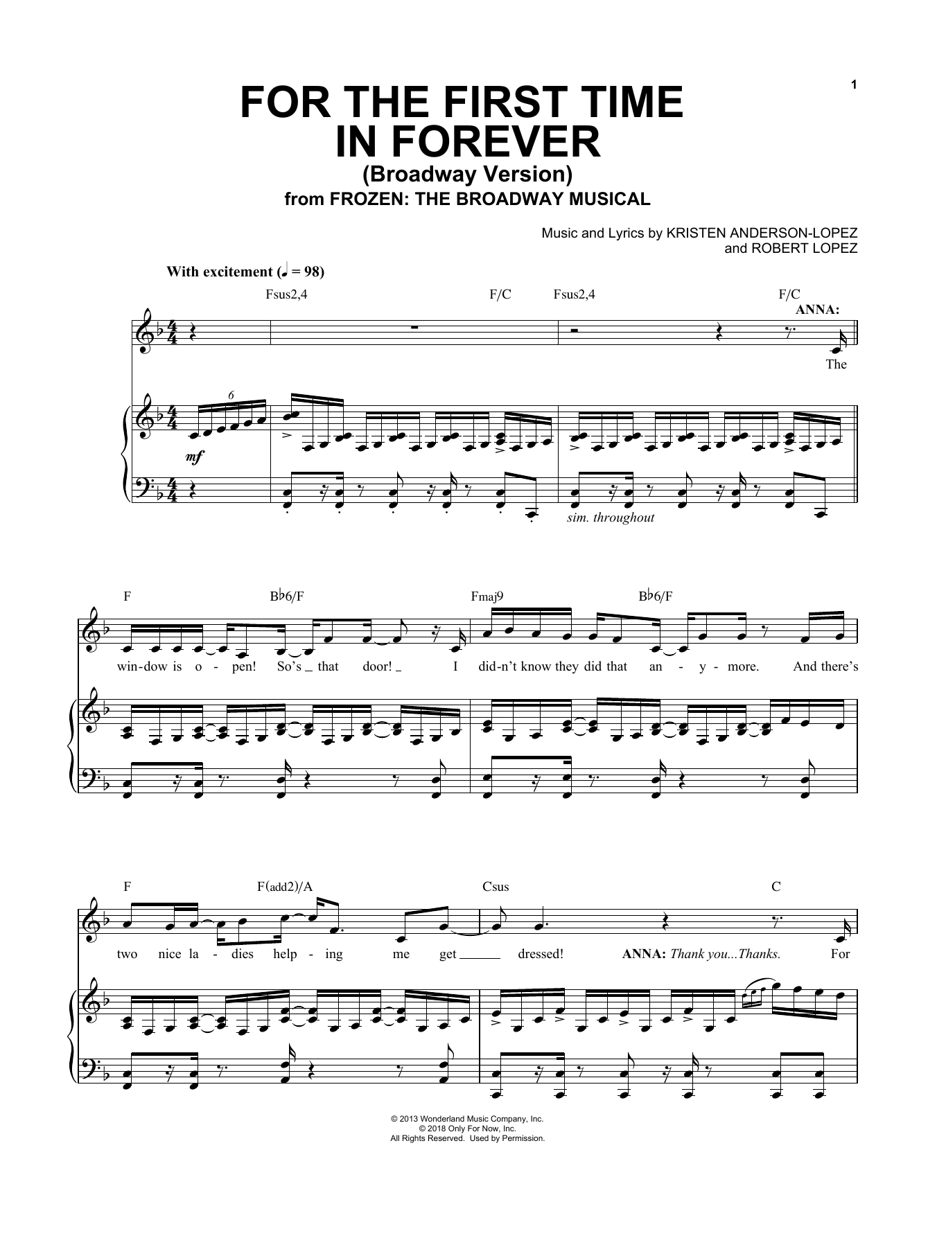 Kristen Anderson-Lopez & Robert Lopez For The First Time In Forever (from Frozen: The Broadway Musical) Sheet Music Notes & Chords for Piano, Vocal & Guitar (Right-Hand Melody) - Download or Print PDF