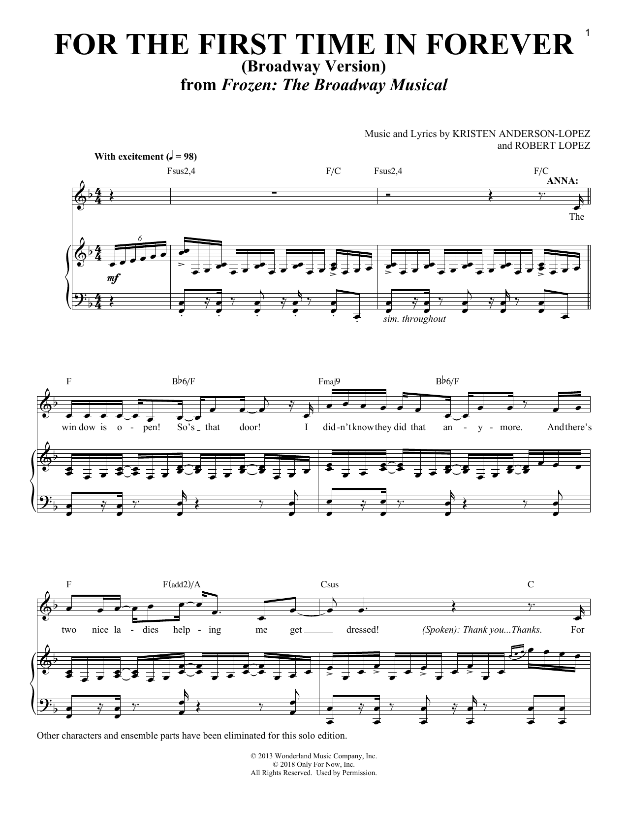 Kristen Anderson-Lopez & Robert Lopez For The First Time In Forever [Solo version] (from Frozen: The Broadway Musical) Sheet Music Notes & Chords for Piano & Vocal - Download or Print PDF