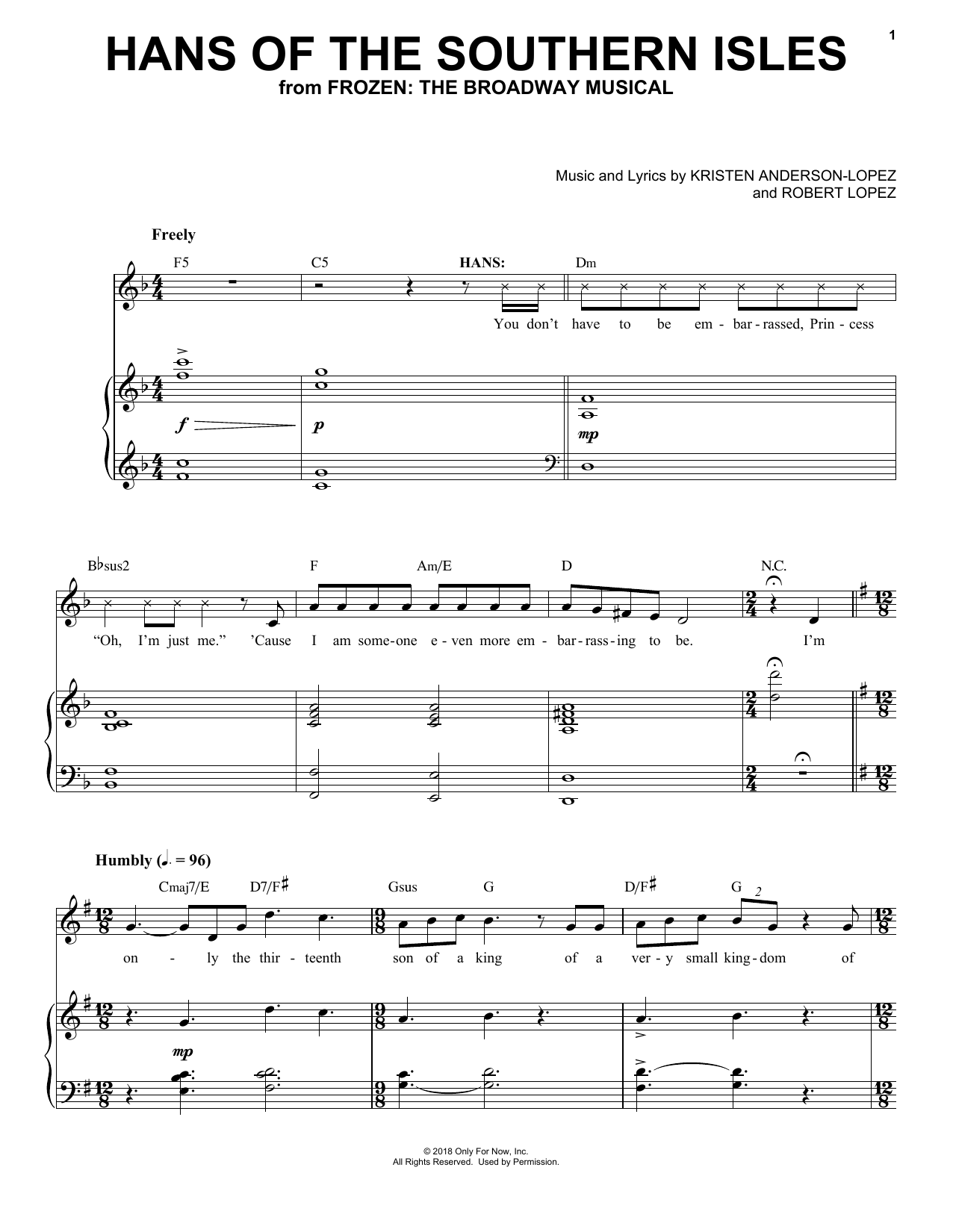 Kristen Anderson-Lopez & Robert Lopez Hans Of The Southern Isles (from Frozen: The Broadway Musical) Sheet Music Notes & Chords for Easy Piano - Download or Print PDF